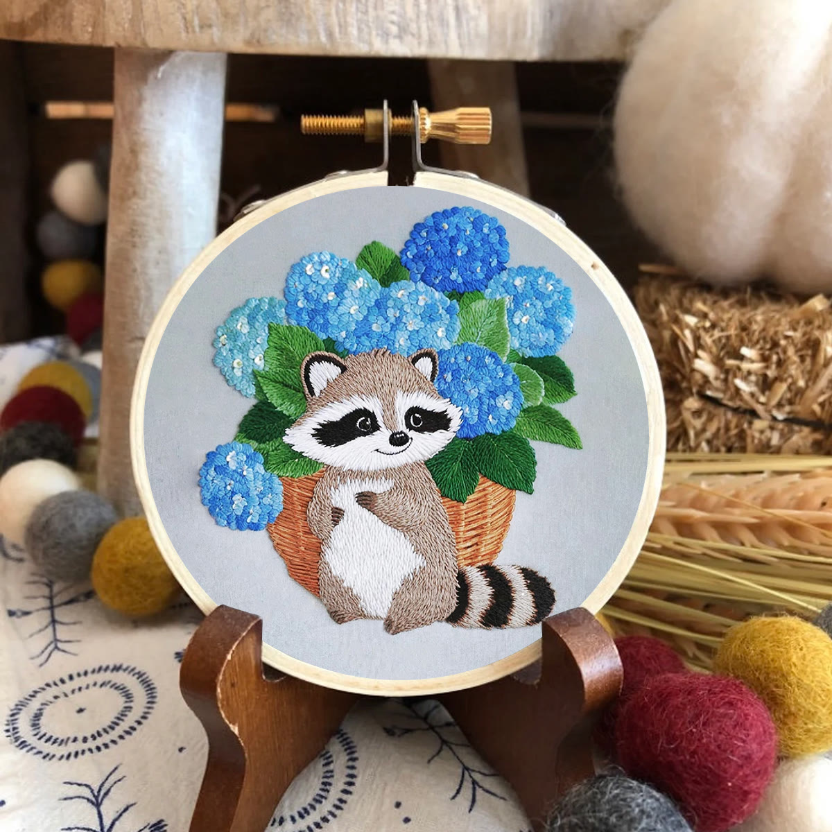 Rubbyoo Embroidery Kit- Cute Raccoon With Blue Flower 2 Diy Craft Kits | For Craft Lover - image 2