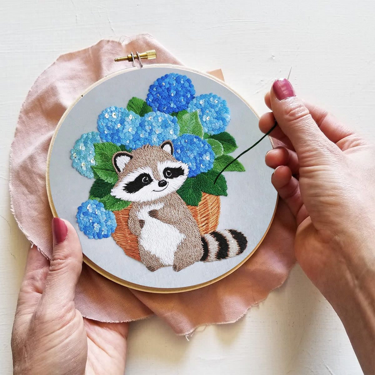 Rubbyoo Embroidery Kit- Cute Raccoon With Blue Flower 2 Diy Craft Kits | For Craft Lover - image 4