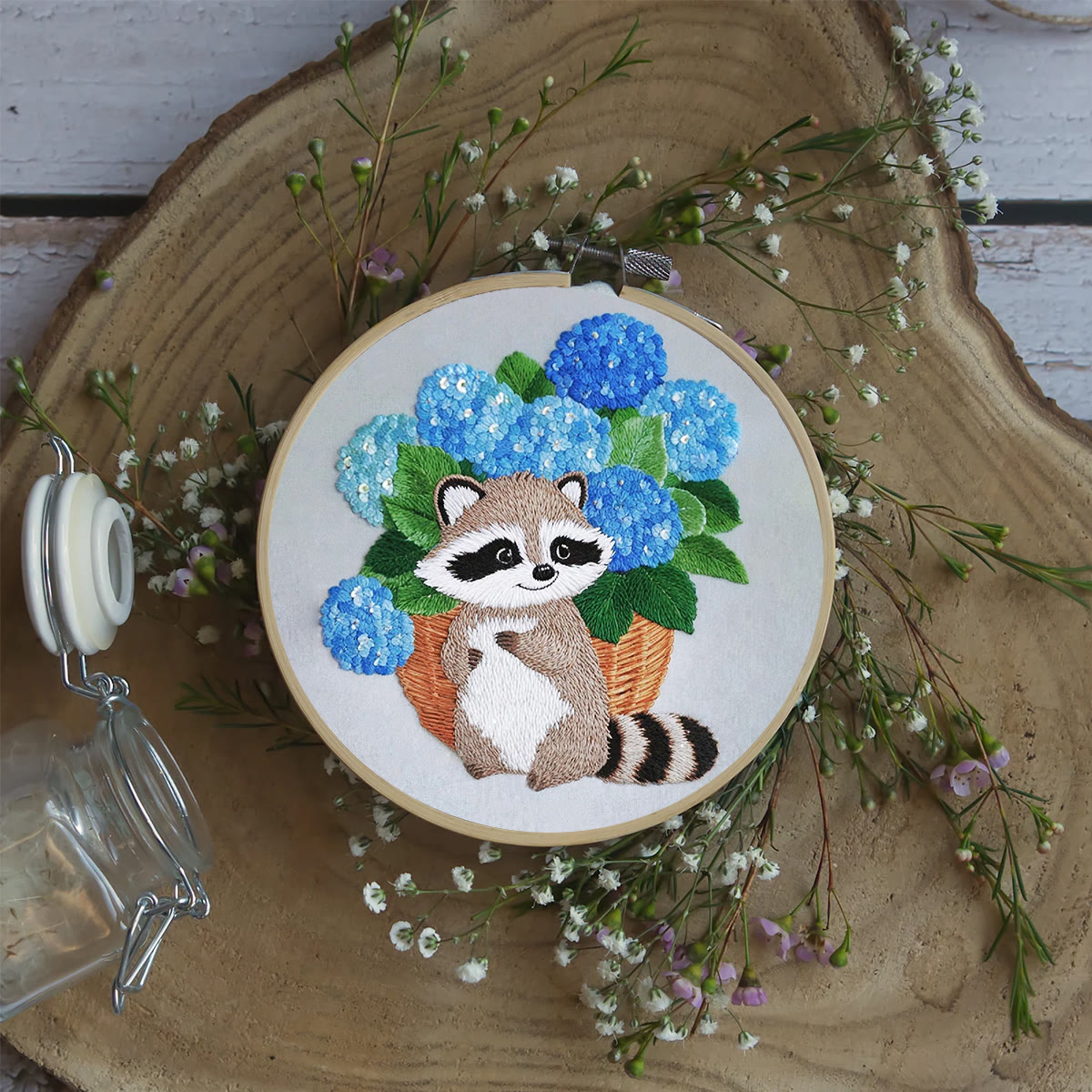 Rubbyoo Embroidery Kit- Cute Raccoon With Blue Flower 2 Diy Craft Kits | For Craft Lover - image 5