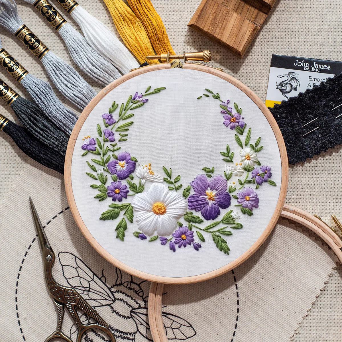 Rubbyoo Embroidery Kit- White And Purple Garland | For Craft Lover Hand Stitch - image 9