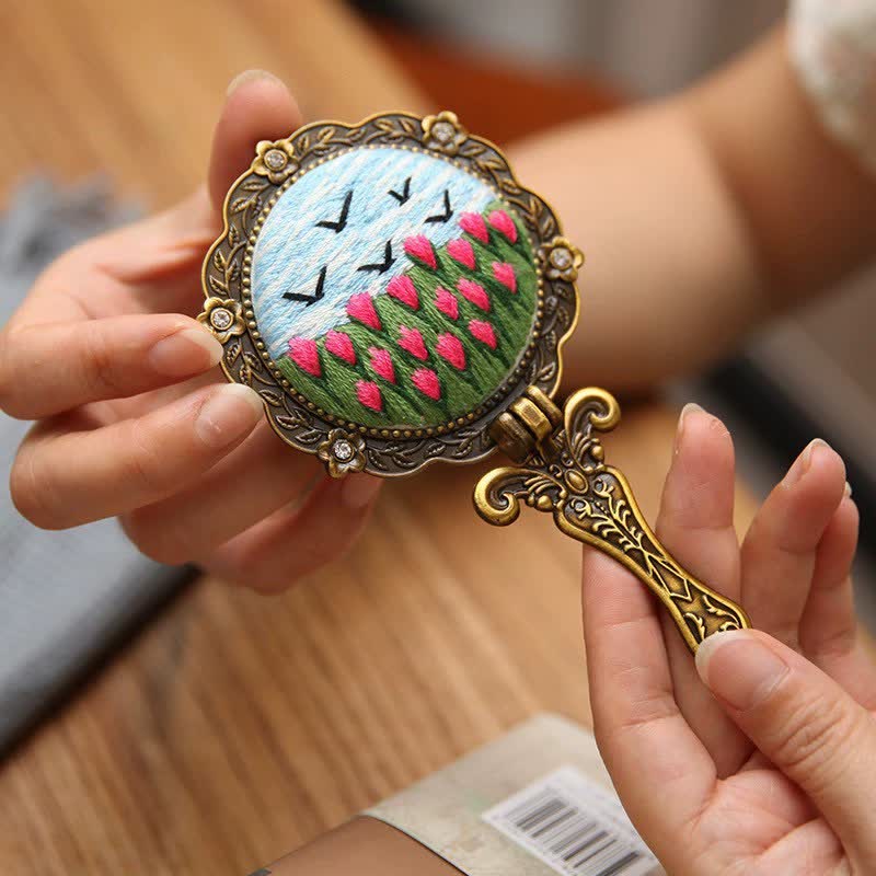 Needle kit Handheld Mirror | Floral Embroidered Compact Mirror | Great gift for your loved one - image 4