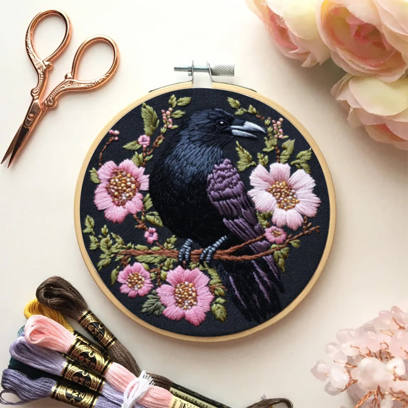 Rubbyoo Embroidery Kit - Gothic Raven With Pink Flowers | Handmake Needle Crafts  - image 2