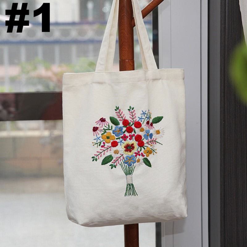 Embroidery Beige And White Canvas Tote Bag  Kits | Colorful Flower Needlepoint  Crafts  | Eco-friendly Shopping  Bag For Life - #1 - image 2