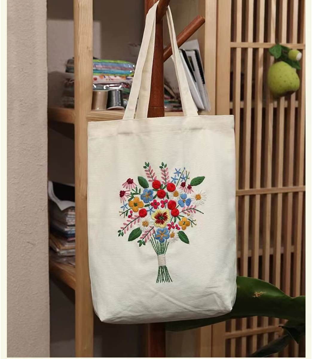 Embroidery Beige And White Canvas Tote Bag  Kits | Colorful Flower Needlepoint  Crafts  | Eco-friendly Shopping  Bag For Life - image 1