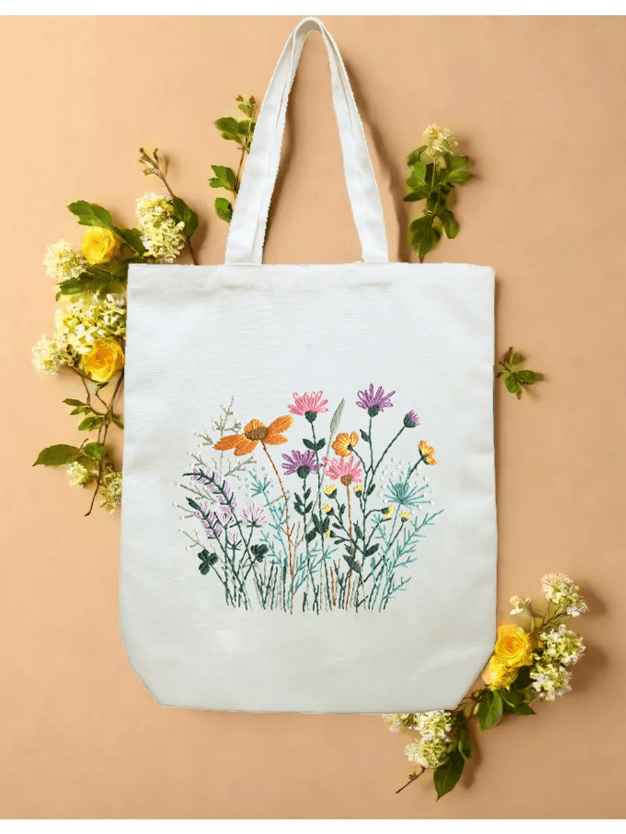 Embroidery Beige And White Canvas Tote Bag Kits | Beginner Flower Crafts | Eco-friendly Shoulder Bag | Christmas Gift - image 1