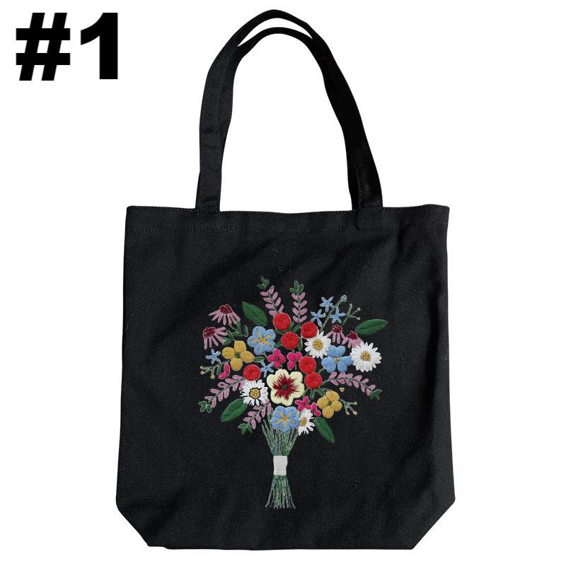 Embroidery Black Canvas Tote Bag Kits | Easy Craft For Beginners |  Diy Embroidered Flower Bags - #1 - image 2