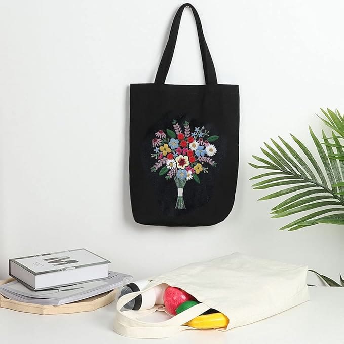 Embroidery Black Canvas Tote Bag Kits | Easy Craft For Beginners |  Diy Embroidered Flower Bags - image 14