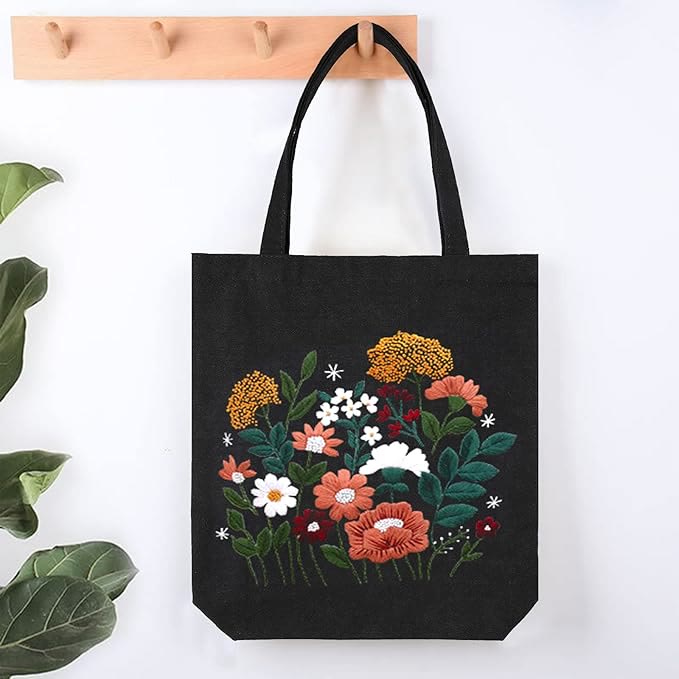 Embroidery Black Canvas Tote Bag Kits | Easy Craft For Beginners |  Diy Embroidered Flower Bags - image 1