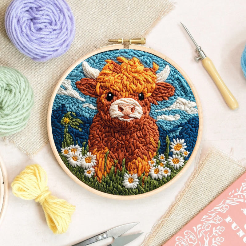 Highland Cattle Punch Needle Kit - Daisy Flower Craft | Easy Starter Set - image 2