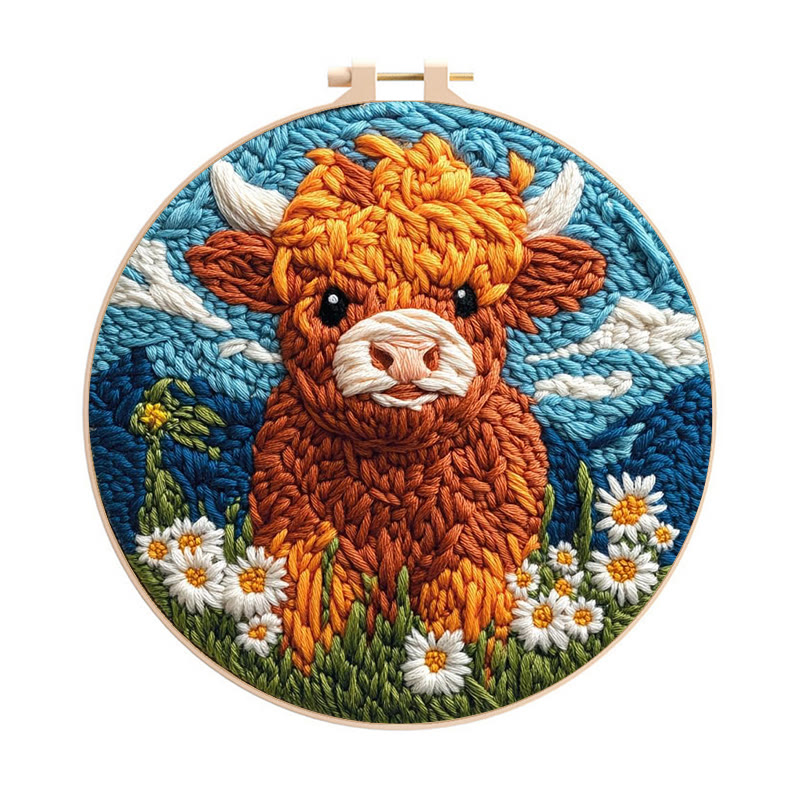 Highland Cattle Punch Needle Kit - Daisy Flower Craft | Easy Starter Set - Highland Cattle Punch Needle Kit - image 1