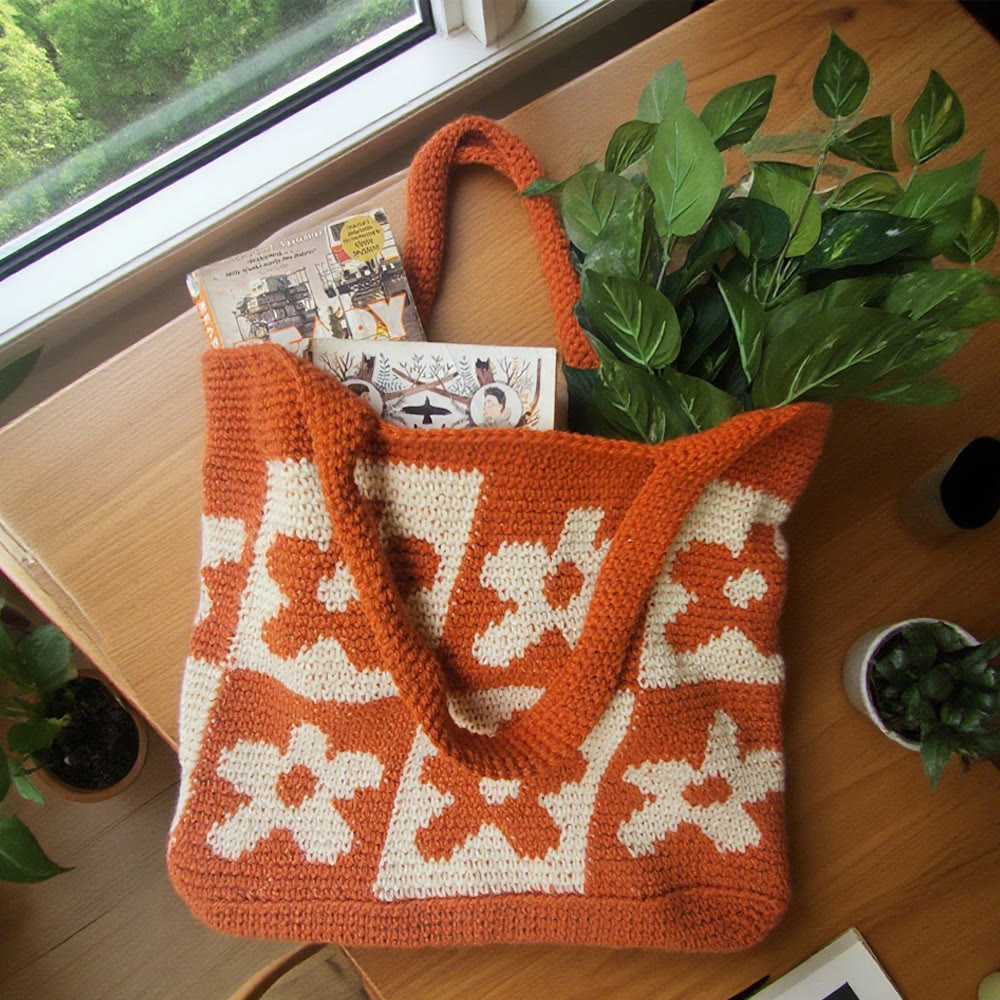 Diy Handmade Colourful Crochet Bag Kit - Floral Design Bag  | Nice Birthday Gifts For Mom - Orange - image 1