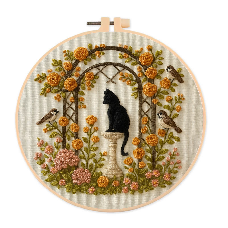 Rubbyoo Embroidery Kit - Cat With Blooming Flowers | Handicraft For Wedding Gifts | Perfect As Room Decor - 20*20cm - image 1