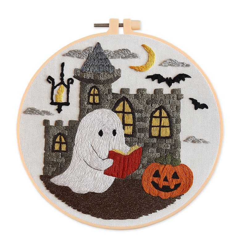 Rubbyoo Embroidery Kit - Halloween Reading Ghost | Creative Wall Hanging | Diy Halloween Decor - 20*20cm - image 1