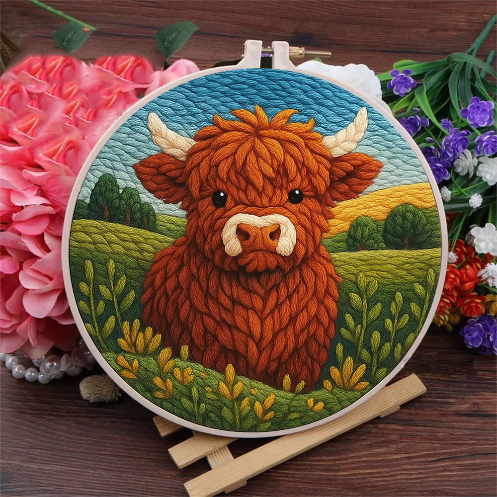 Highland Cow In Field Punch Needle Kit - Handmade Animal Craft | Nice Wall Hanging Decor - image 2