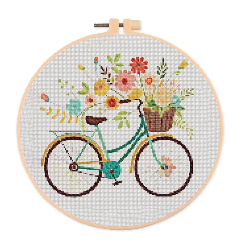  Cross Stitch Kit - Floral Bicycle | Modern Stitch Craft | Diy Home Decor - 20×20cm - image 1