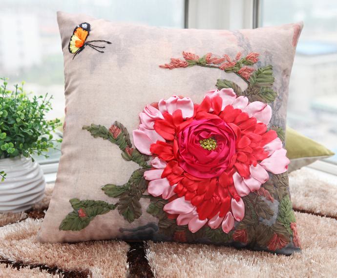 Embroidered Ribbon Floral Pillow Case Kits | Charming Handicraft For Mom | Floral Room Decoration Gifts - image 1