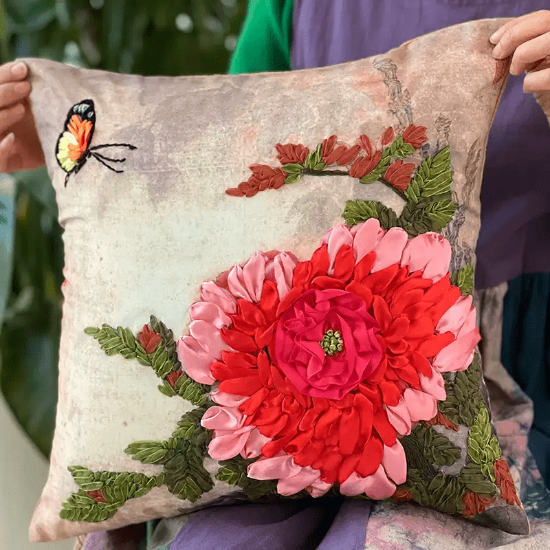 Embroidered Ribbon Floral Pillow Case Kits | Charming Handicraft For Mom | Floral Room Decoration Gifts - Red - image 5