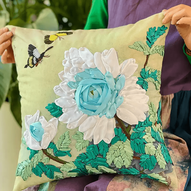 Embroidered Ribbon Floral Pillow Case Kits | Charming Handicraft For Mom | Floral Room Decoration Gifts - White - image 4