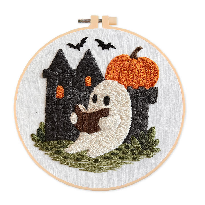 Rubbyoo Embroidery Kit - Halloween Reading Ghost | Spooky Handicraft For Halloween | Nice Artwork For Home Decor - 20*20cm - image 1