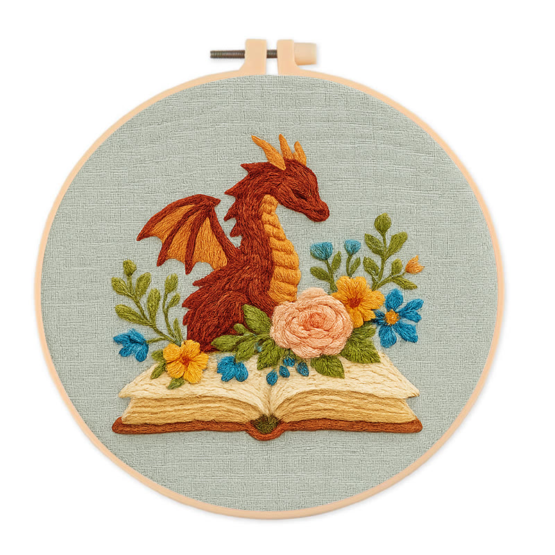 Rubbyoo Embroidery Kit - Dragon With Floral Books | Beginner Friendly Artwork | Unique Animal Collection  - 20*20cm - image 1