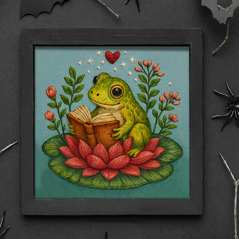 Rubbyoo Embroidery Kit - Reading Frog With Lotus | Creative Needle Artwork | Diy Handmade Gifts - image 2