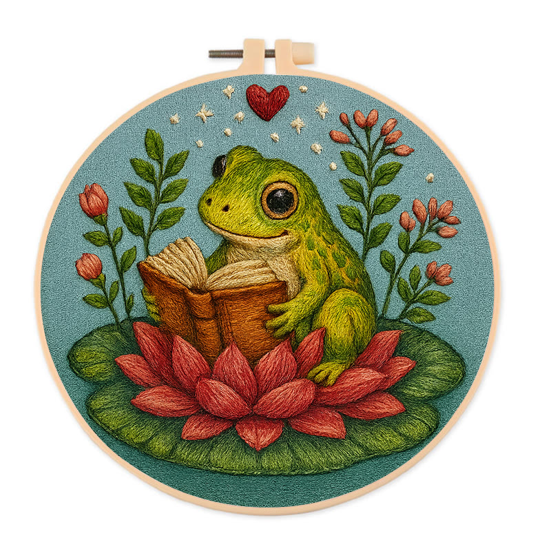 Rubbyoo Embroidery Kit - Reading Frog With Lotus | Creative Needle Artwork | Diy Handmade Gifts - 20*20cm - image 1