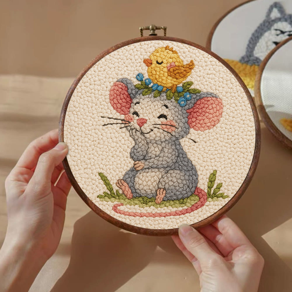 Smiling Mouse With Chick Punch Needle Kit - Adorable Animal Craft For Child | Nice Birthday Handicraft - image 5