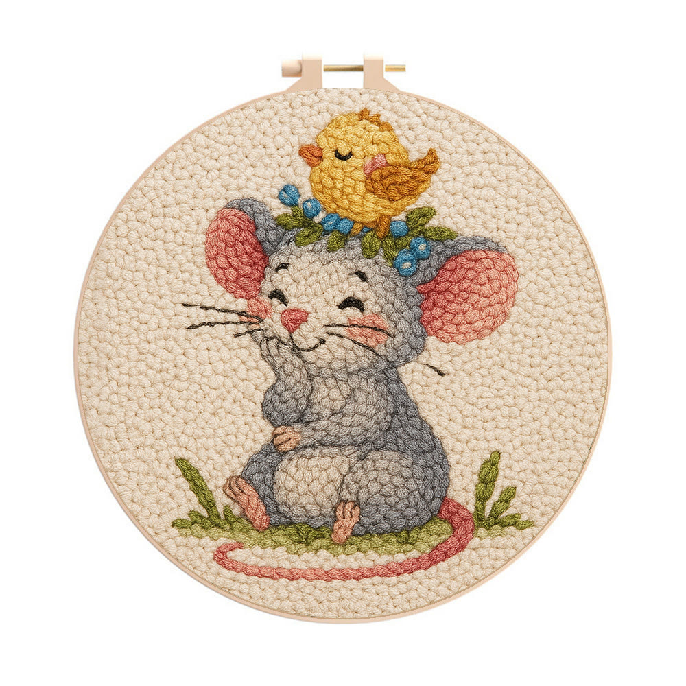 Smiling Mouse With Chick Punch Needle Kit - Adorable Animal Craft For Child | Nice Birthday Handicraft - 20cm*20cm - image 1
