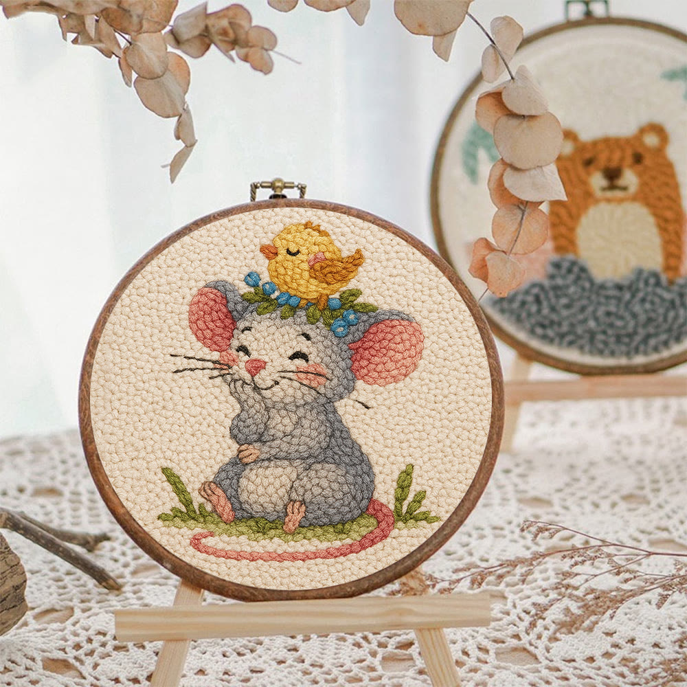 Smiling Mouse With Chick Punch Needle Kit - Adorable Animal Craft For Child | Nice Birthday Handicraft - image 9