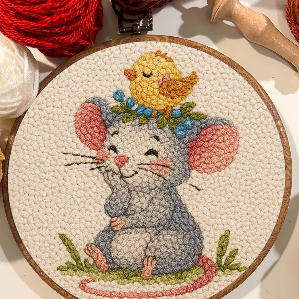 Smiling Mouse With Chick Punch Needle Kit - Adorable Animal Craft For Child | Nice Birthday Handicraft - image 3