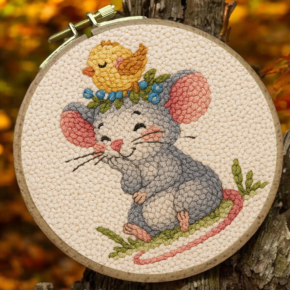 Smiling Mouse With Chick Punch Needle Kit - Adorable Animal Craft For Child | Nice Birthday Handicraft - image 2