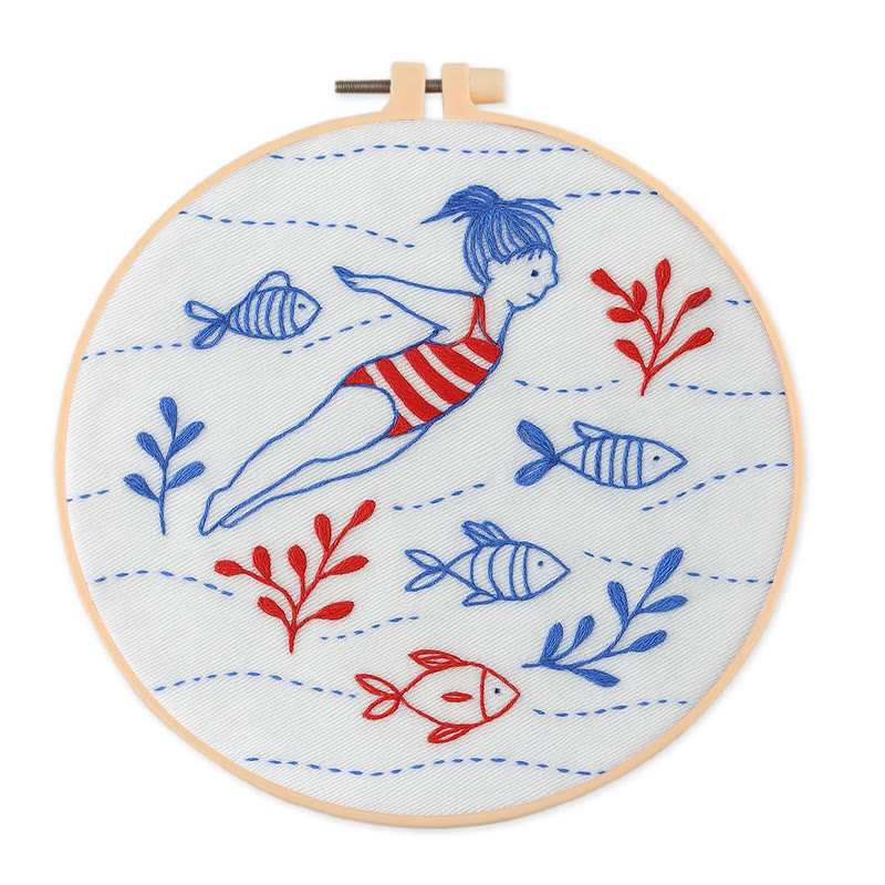 Rubbyoo Embroidery Kit - Swimming Girl | Undersea Fish Handicraft | Perfect Gifts For  Swimming Lovers - 20*20cm - image 1