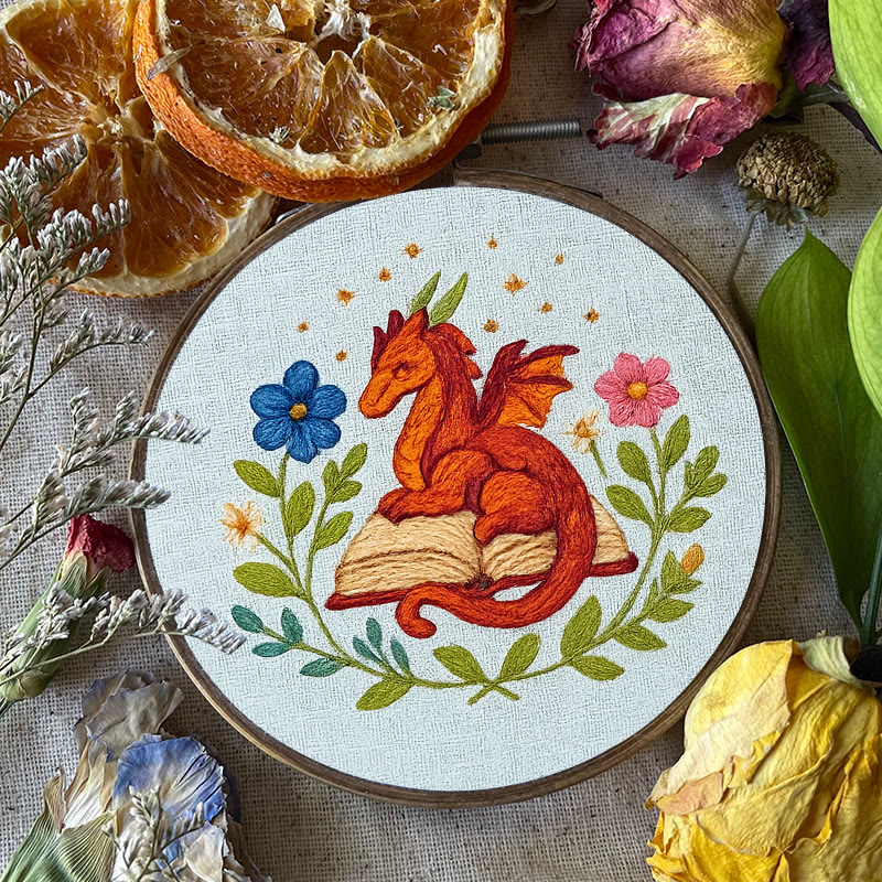 Rubbyoo Embroidery Kit - Red Dragon With Floral Books | Easy Fantasy Handicraft | Nice For Reading Lovers - image 2