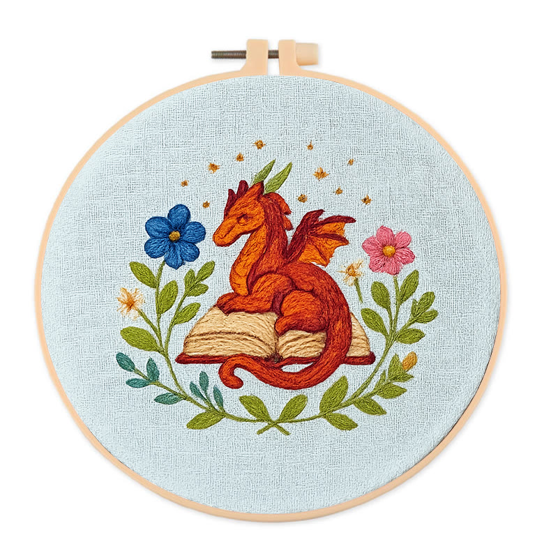 Rubbyoo Embroidery Kit - Red Dragon With Floral Books | Easy Fantasy Handicraft | Nice For Reading Lovers - 20*20cm - image 1