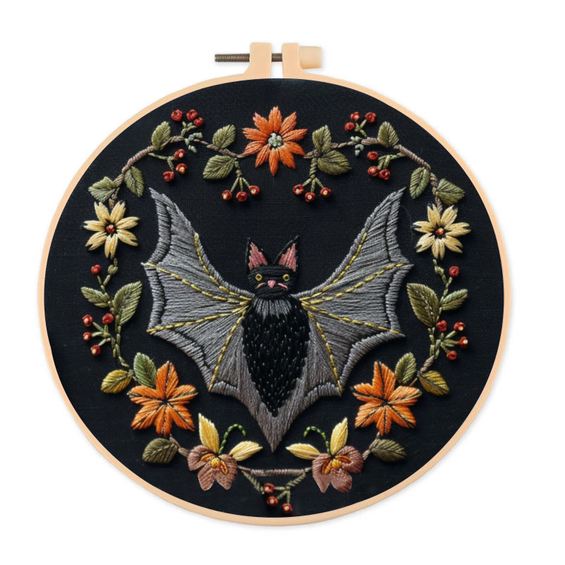 Rubbyoo Embroidery Kit - Halloween Floral Bats | Diy Halloween Crafts | Creative Wall Hanging - 20*20cm - image 1