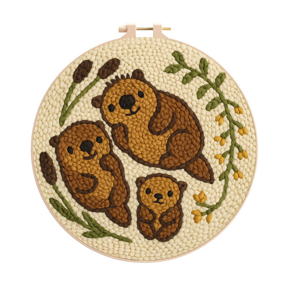 Cute Otter Family Punch Needle Kit - Diy Animal Handicraft | Nice Home Decoration - 20cm*20cm - image 1