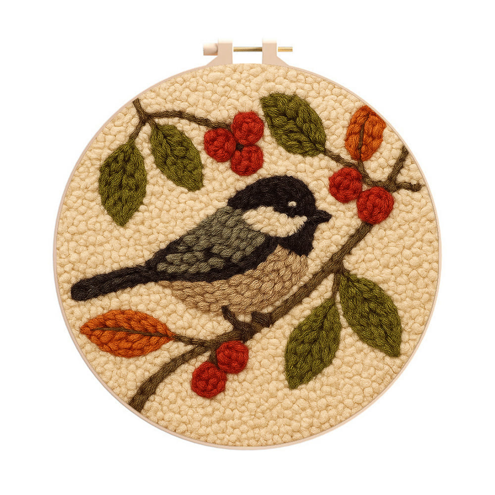 Chickadee Birds Punch Needle Kit - Diy Home Ornament | Beginner Friendly Needlework - 20cm*20cm - image 1
