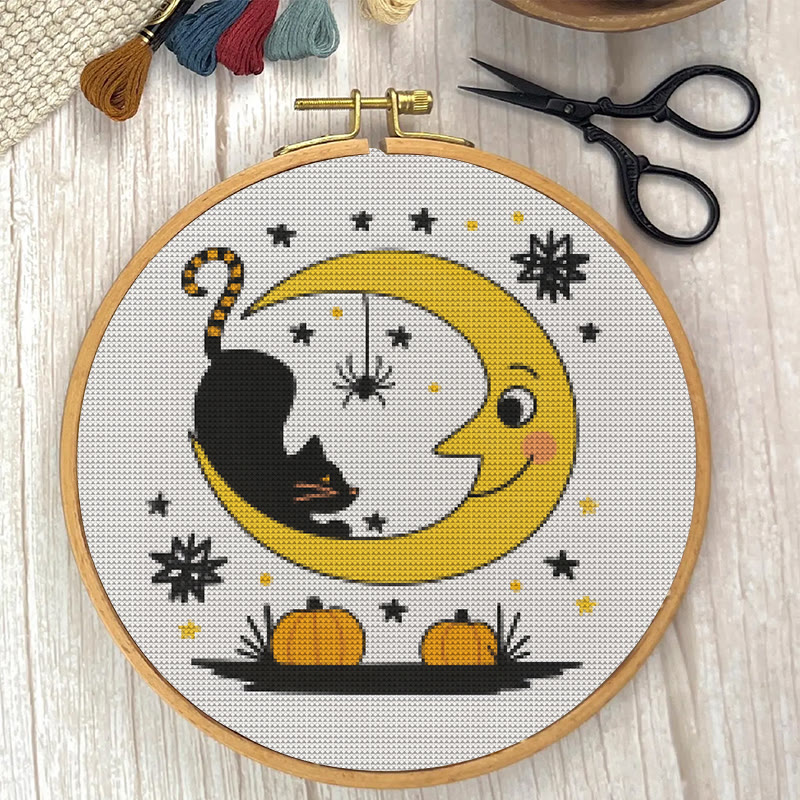  Cross Stitch Kit - Black Cat And Moon | Spooky Halloween Decor | Diy Needlework Collection - image 2