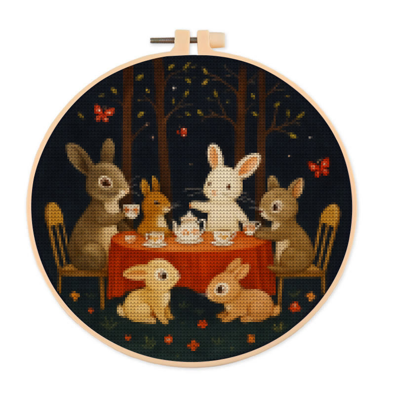  Cross Stitch Kit - Rabbit Tea Party | Diy Wall Ornament | Animal Lovers Handicraft - 20×20cm - image 1