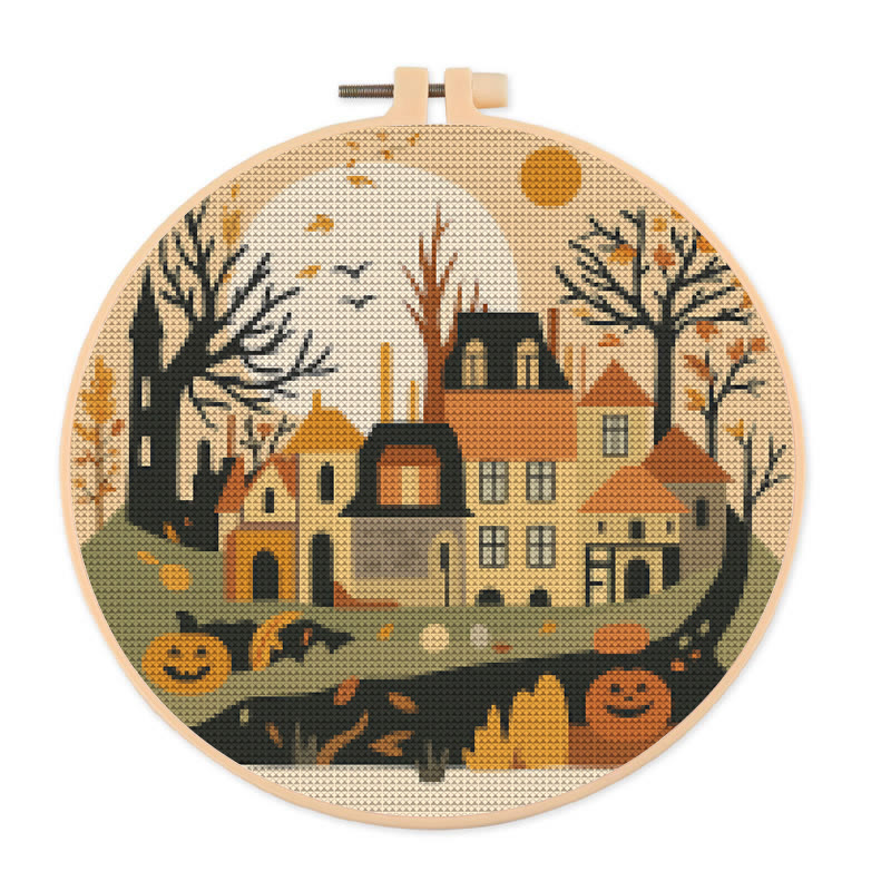  Cross Stitch Kit - Halloween Haunted House | Diy Holiday Ornament | Autumn Town Handicraft  - 20×20cm - image 1