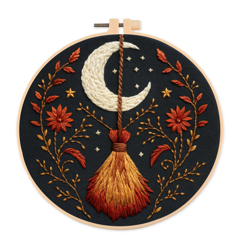Rubbyoo Embroidery Kit - Halloween Witch Broom | Diy Handmade Gifts | Halloween Wall Decor - 20*20cm - image 1
