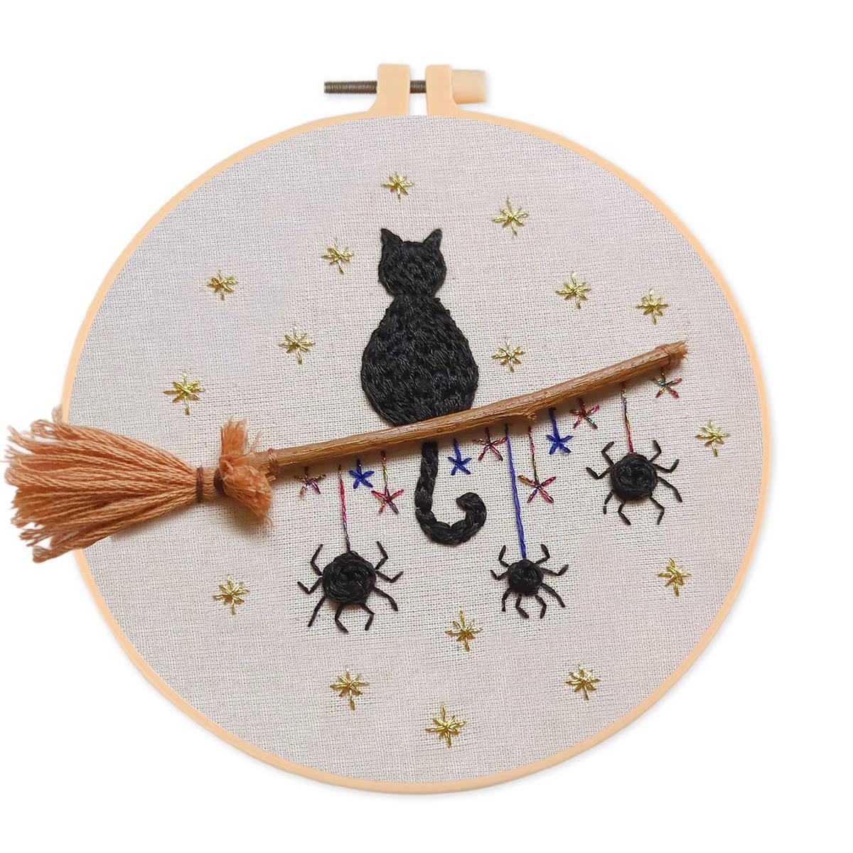 Rubbyoo Embroidery Kit - Cat Broomstick | Halloween Hanging Decorations | Creative Handmade Craft - 20*20cm - image 1