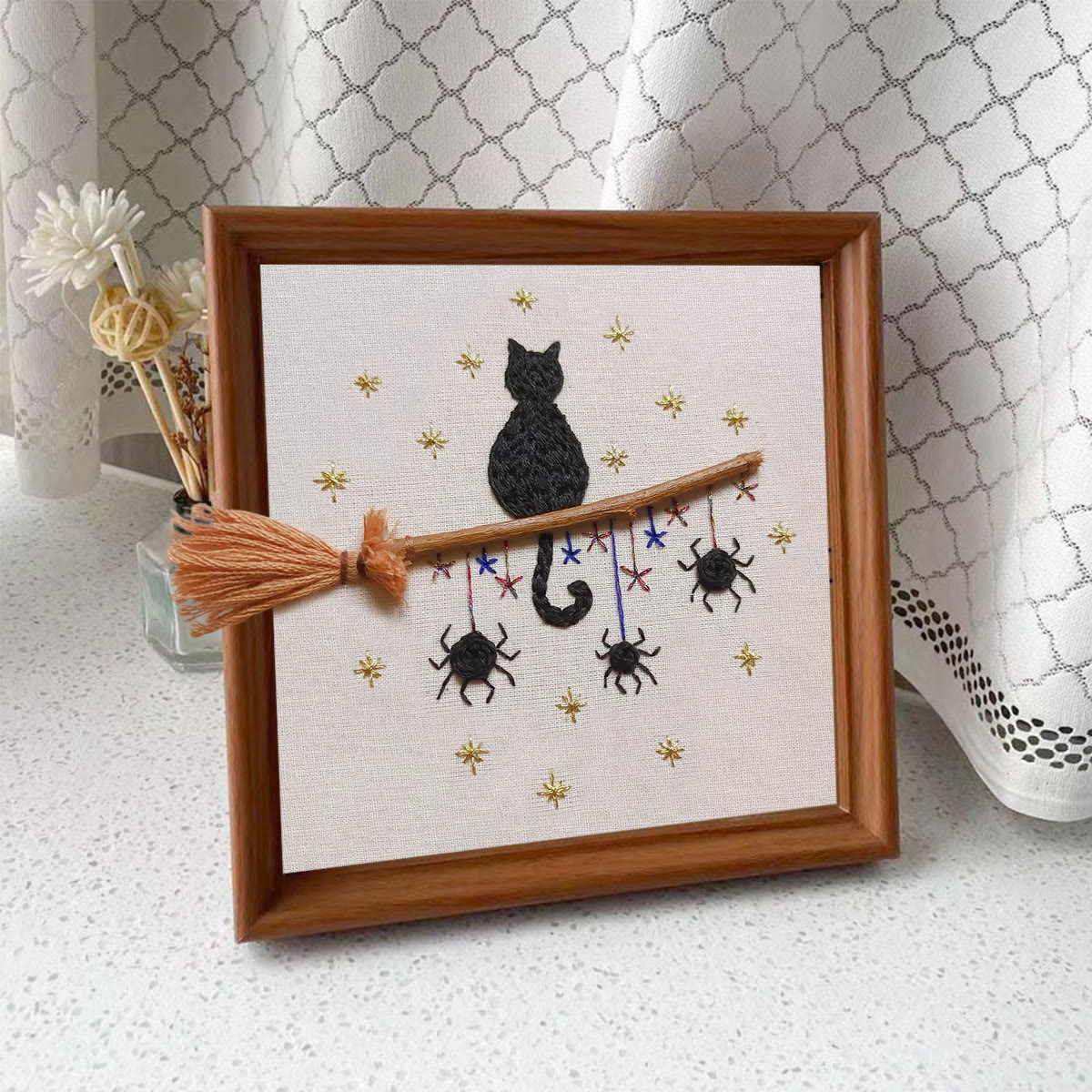 Rubbyoo Embroidery Kit - Cat Broomstick | Halloween Hanging Decorations | Creative Handmade Craft - Embroidery Kit Plus An Extra Frame - image 8