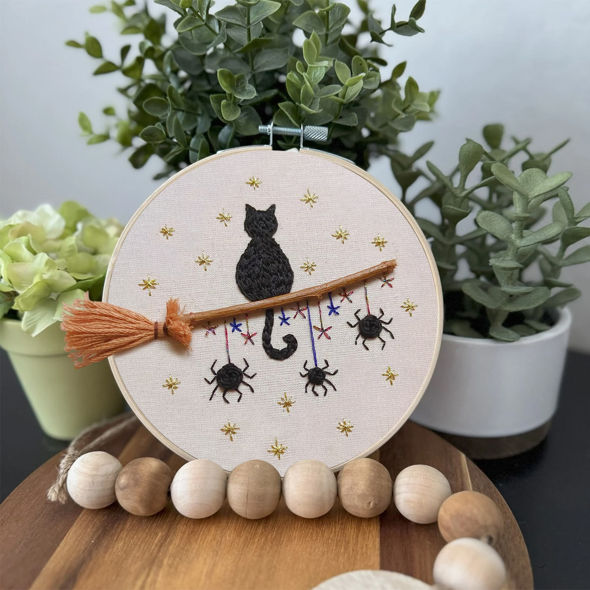 Rubbyoo Embroidery Kit - Cat Broomstick | Halloween Hanging Decorations | Creative Handmade Craft - image 3