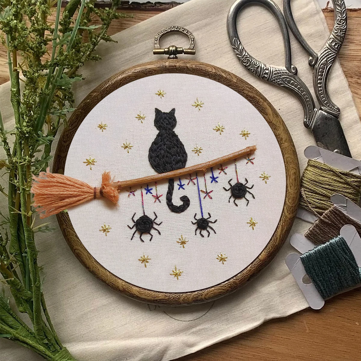 Rubbyoo Embroidery Kit - Cat Broomstick | Halloween Hanging Decorations | Creative Handmade Craft - image 2