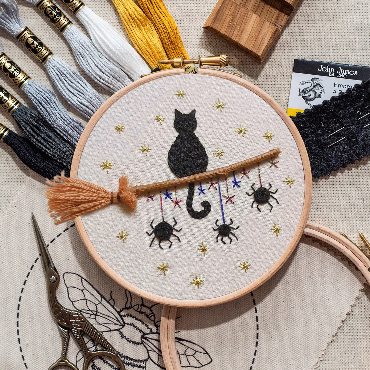 Rubbyoo Embroidery Kit - Cat Broomstick | Halloween Hanging Decorations | Creative Handmade Craft - image 4