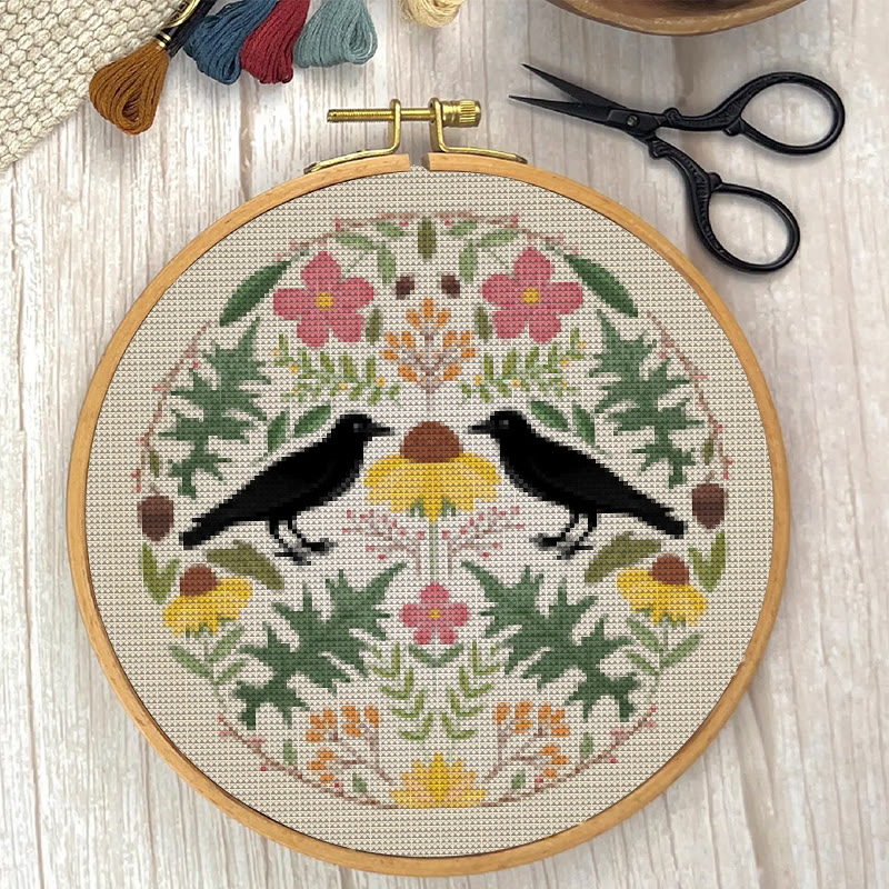 Cross Stitch Kit - Floral Ravens | Handmade Room Ornament | Diy  Needle Craft  - image 2