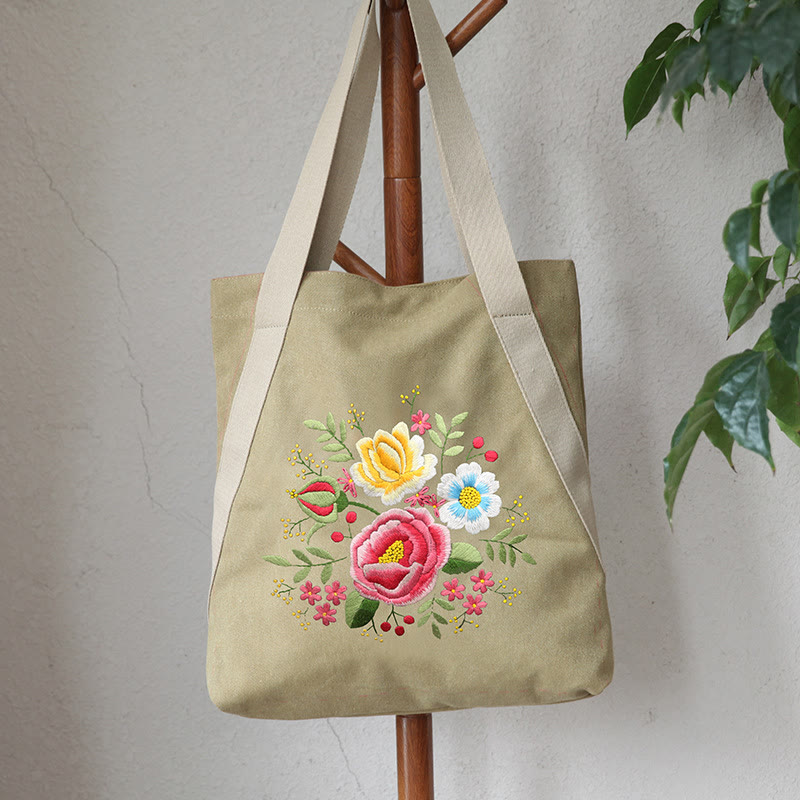 Embroidery Canvas Tote Bag Kits | Colourful Flowers Shoulder Bag | Diy Handmade Gift  - image 1