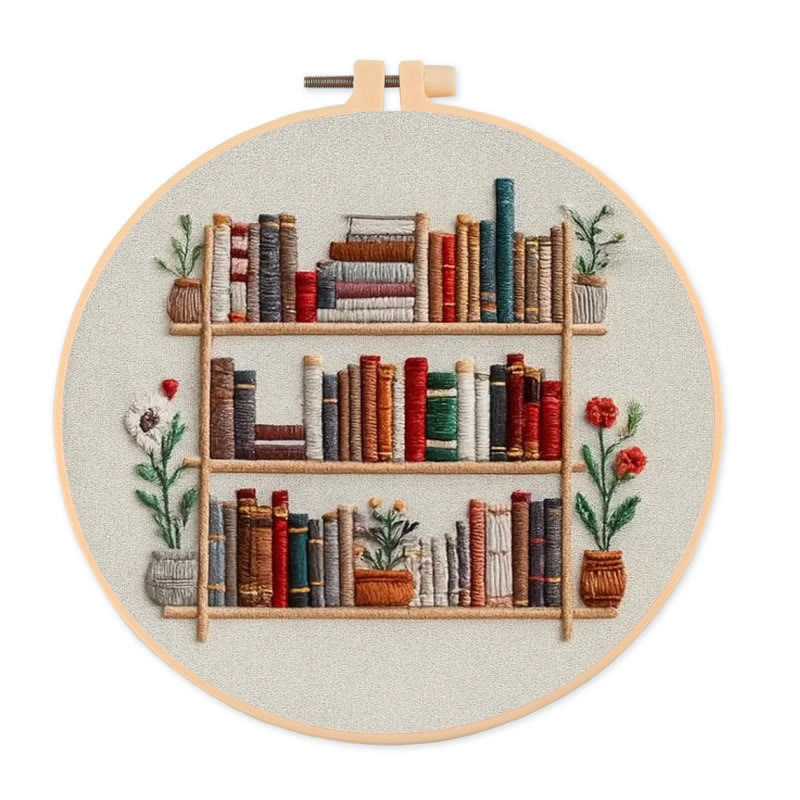 Rubbyoo Embroidery Kit - Tidy Bookshelf With Flowers | Diy Handicraft For Book Lovers | Suitable For Wall Decoration - 20*20cm - image 1
