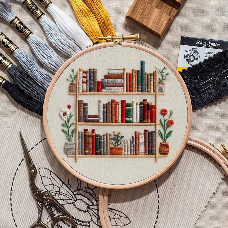 Rubbyoo Embroidery Kit - Tidy Bookshelf With Flowers | Diy Handicraft For Book Lovers | Suitable For Wall Decoration - image 4